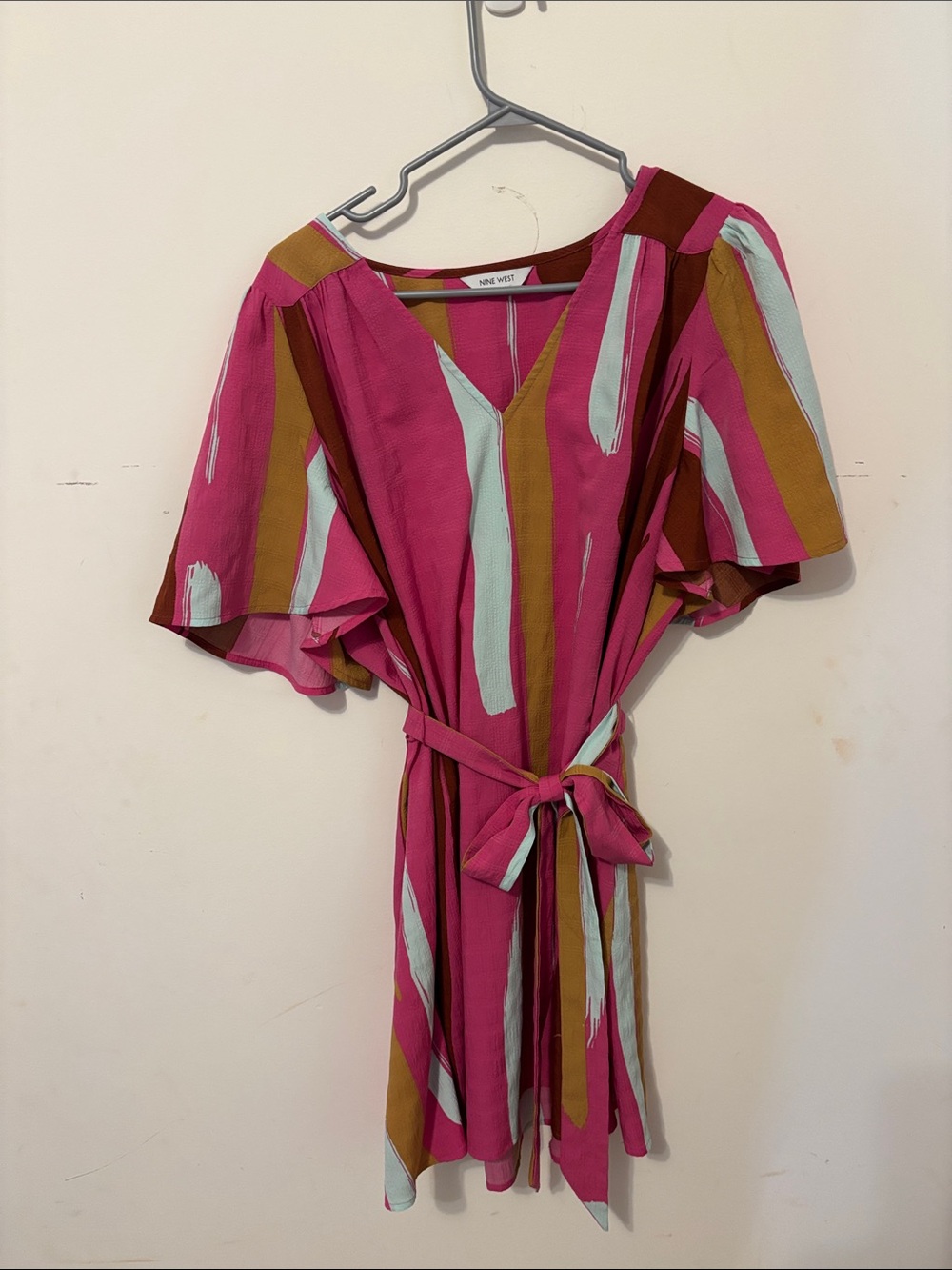 Nine West Fuchsia Striped Tie-Waist Mini Dress